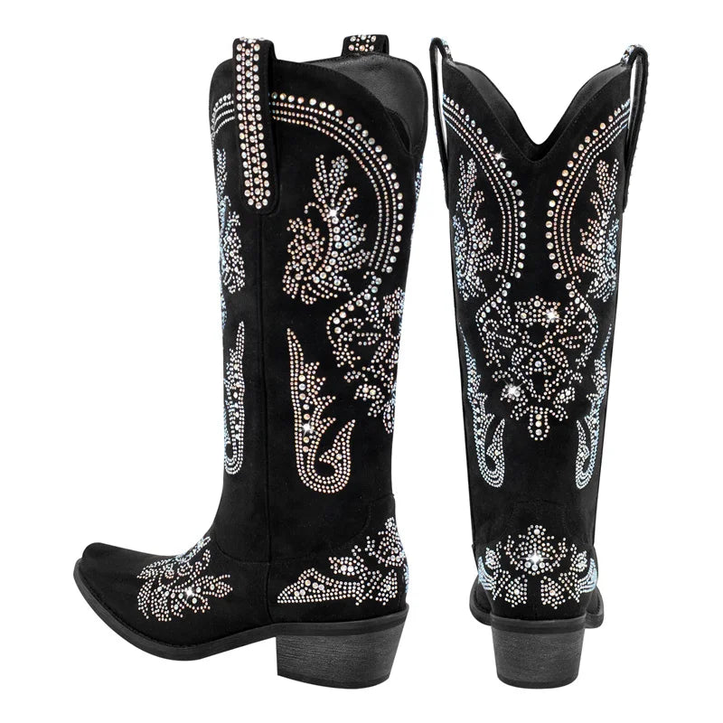 Women Pointed Toe Rhinestone Western Cowboy Boots Black Female Wide Mid Calf Boots