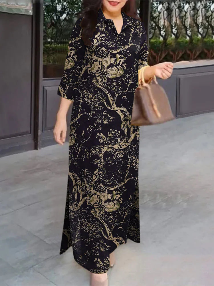 Women 3/4 Sleeve Long Dresses Autumn Fashion Lapel Neck Cotton Shirtdress Vintage Floral Print Maxi Shirt Dress
