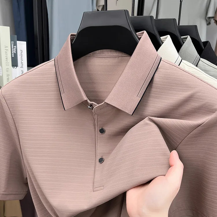 Men's Short-Sleeved T-Shirt, Subtle Striped Texture, Classic Collar Design With Button Details - Soft and Breathable Fabric Polo