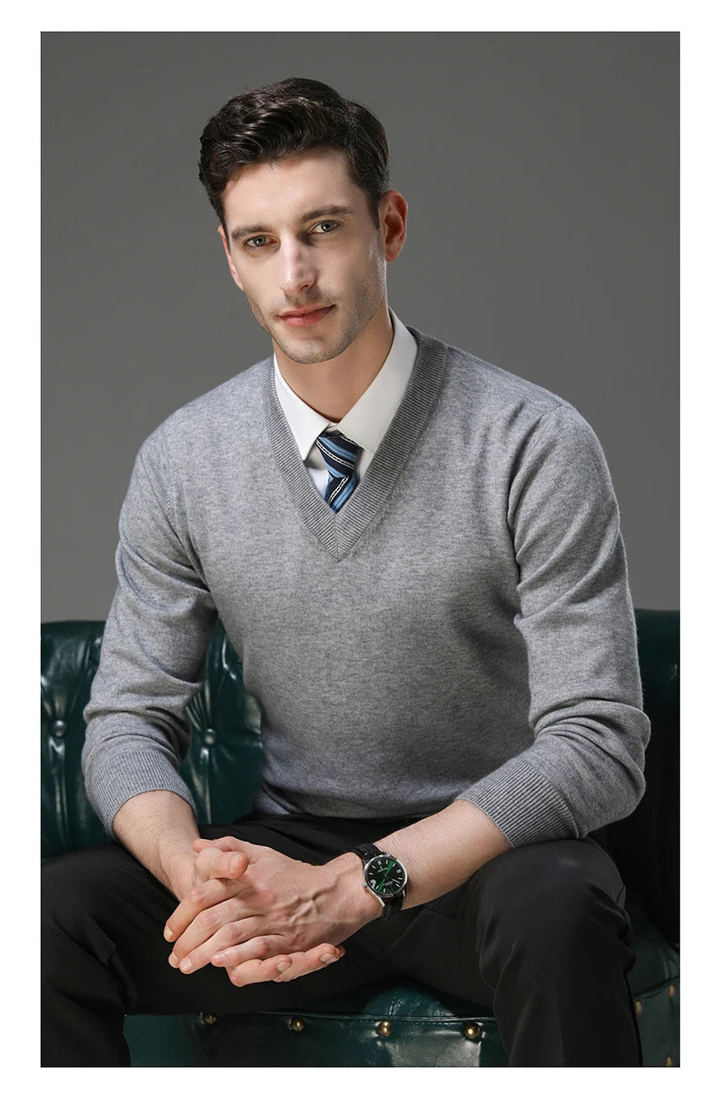 Men's Warm V-Neck Solid Colour Sweater, Autumn & Winter Stretch Top, Daily Leisure Pullover Knitwear, Male Business Casual