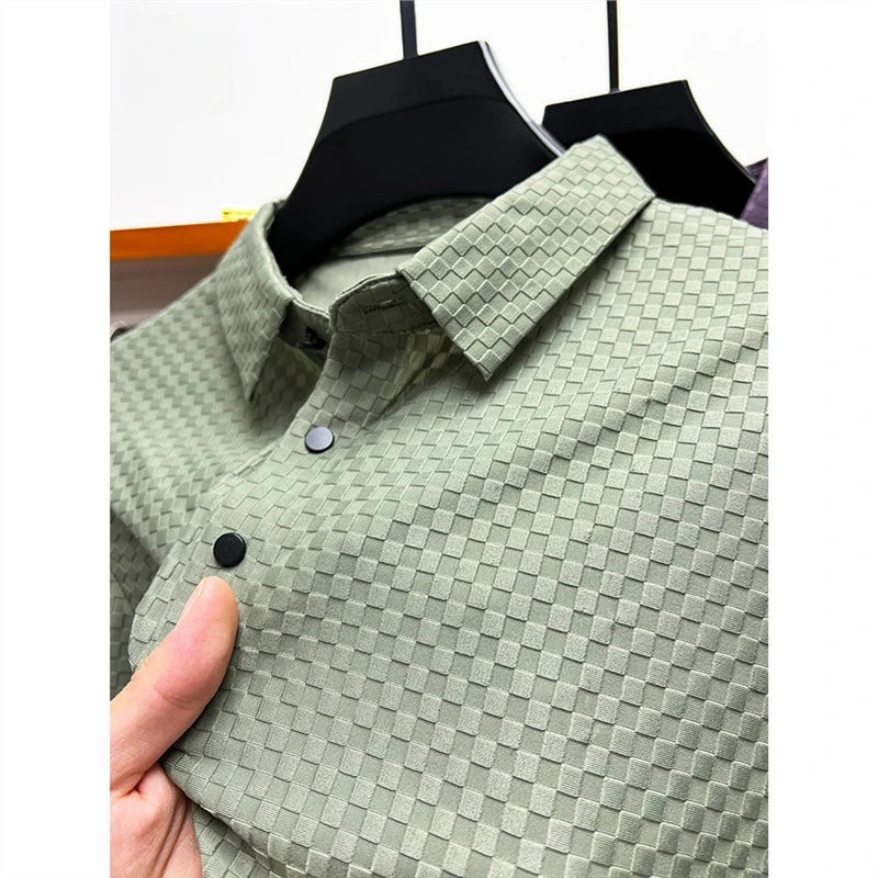 Men's Summer Luxury and Fashionable Casual Waffle Short Sleeve Polo Shirt, Lapel, Ice Silk, and High-End Breathable T-Shirt