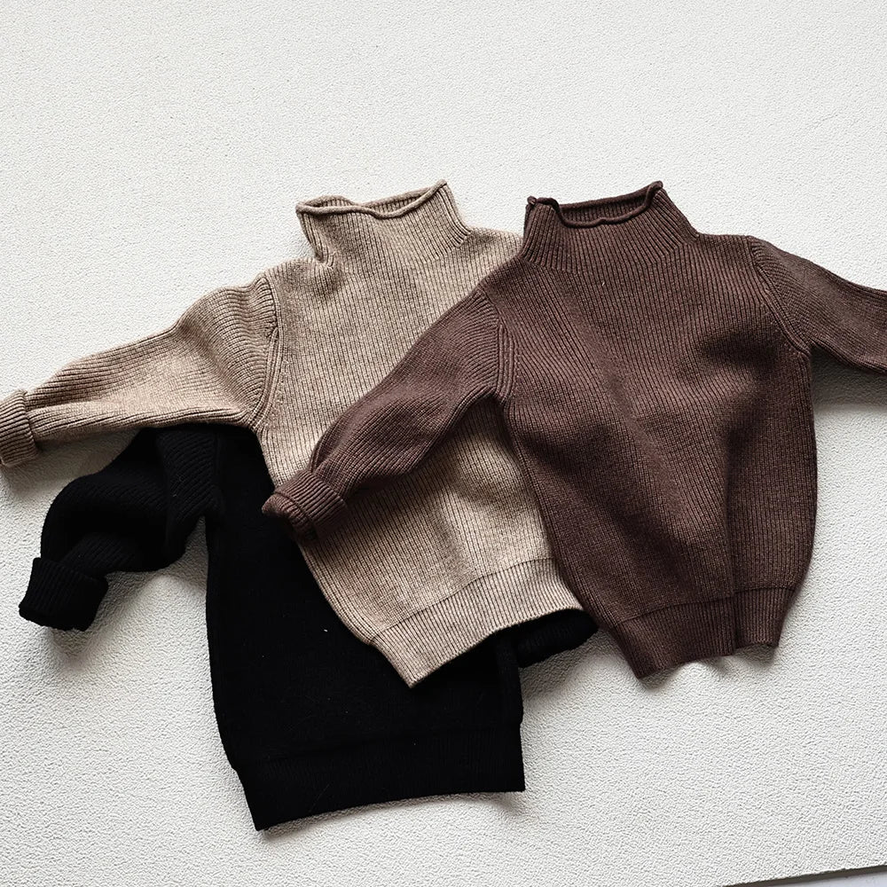 2025 Autumn Winter Comfort Kids Turtleneck Pullover Sweaters Solid Boys Girls Matching Knit Tops Toddler Warm Knitwear Sweaters 1-12Y Unisex