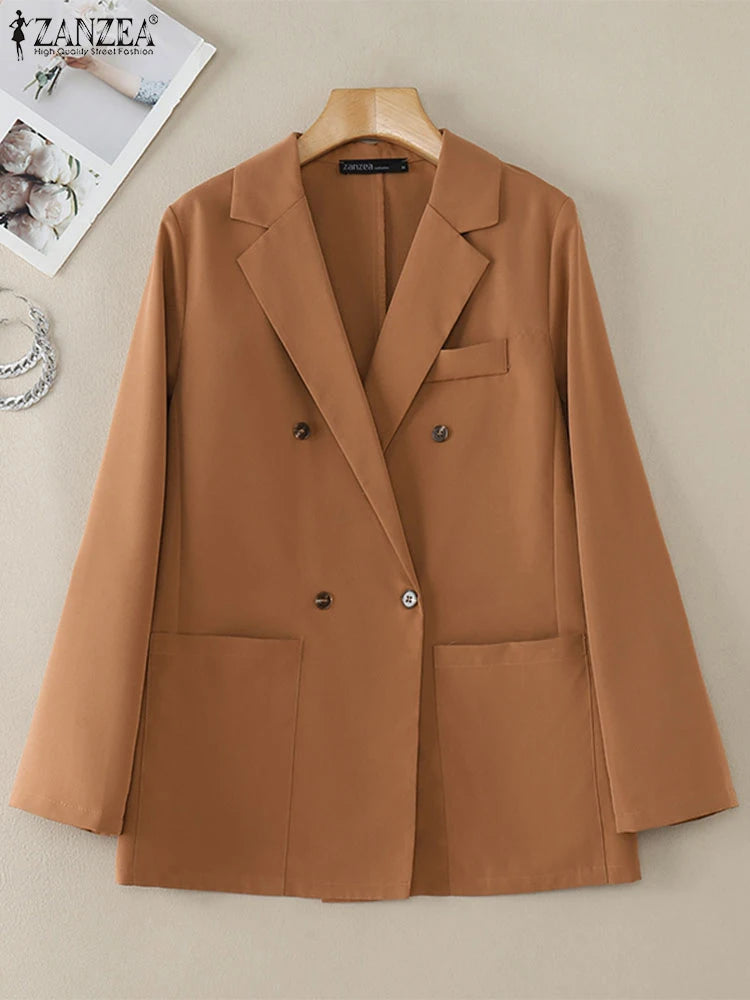 Casual Women Blazer Solid Office Lady Commute 2025 Spring Thin Jackets Lapel Neck Double-Breasted Long Sleeve Blazer