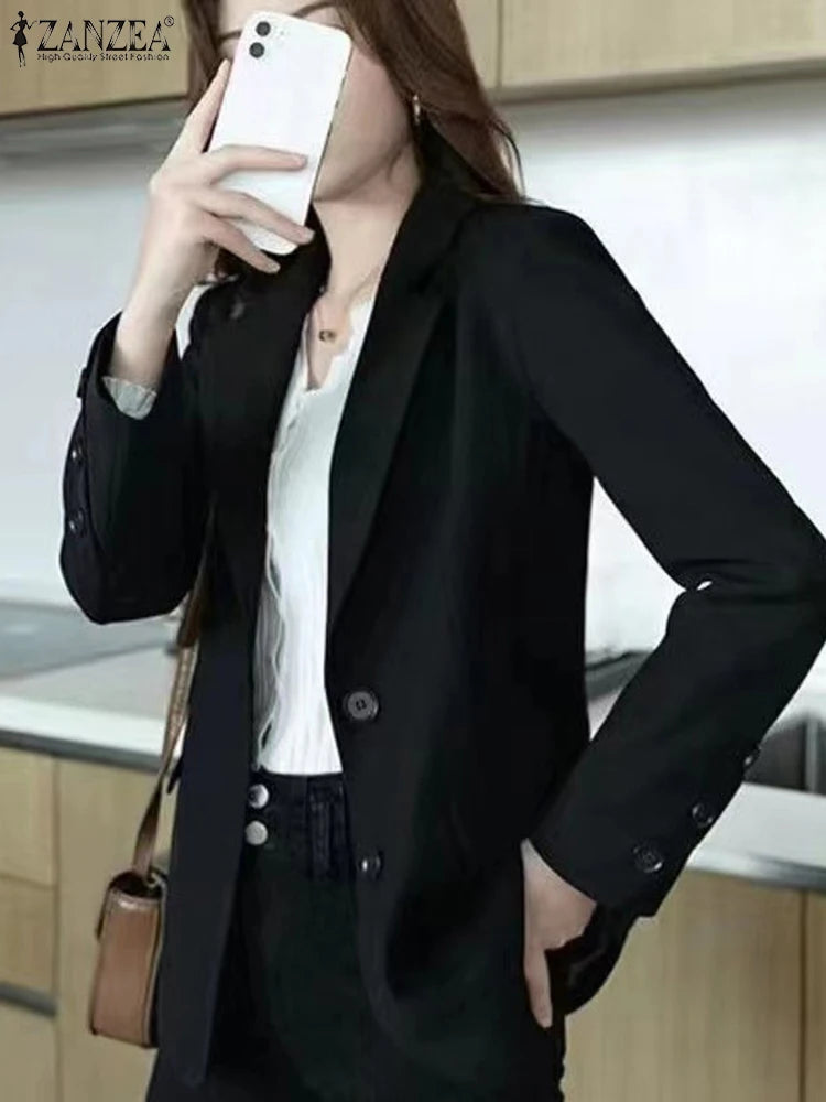 Women's Casual Blazer Elegant Office Lady Long Sleeve Lapel Neck Suit Jackets 2025 Korean Fashion Solid Commute Outerwear