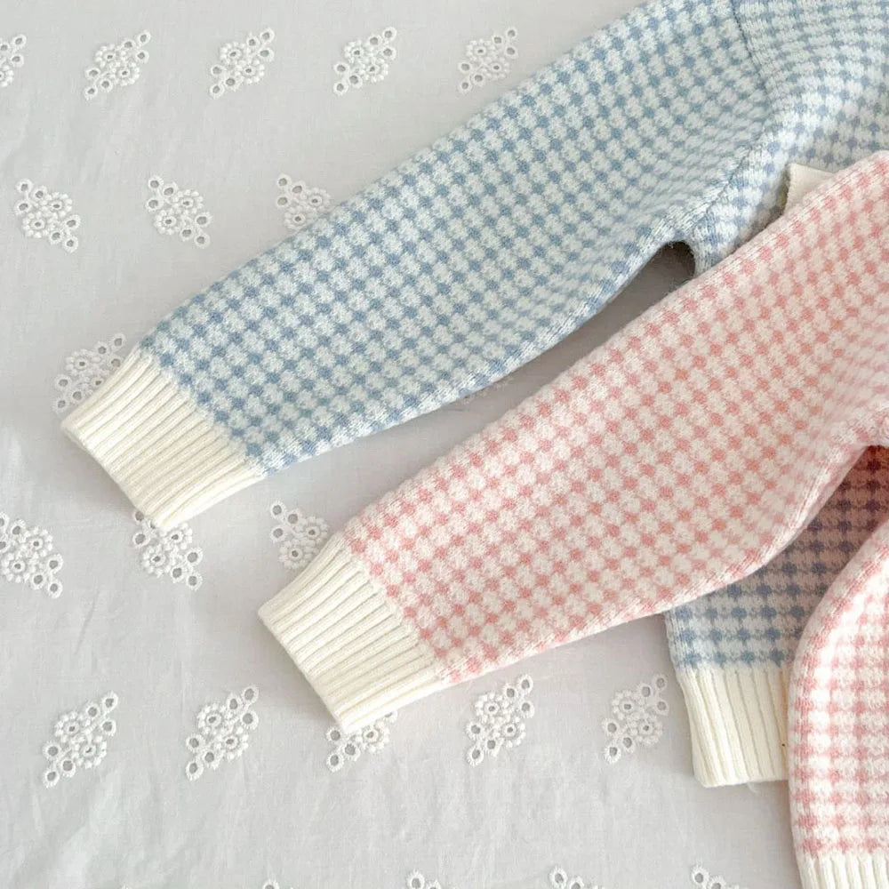 Spring Autumn Children's Clothing Set Girls Plaid Knitted Sweater and Skirt 2PCS Trendy Bow Cardigan Outfit 1-5Y Girls