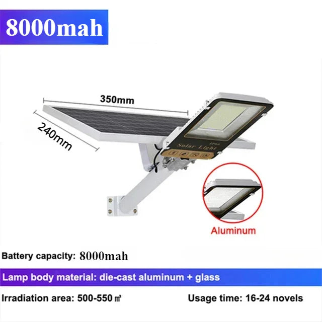 Aluminium 8000mAh krachtige zonne-energie straatverlichting voor buiten, waterdichte straatverlichting voor garage, tuin, terras, wandlamp