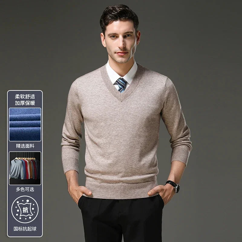 Men's Warm V-Neck Solid Colour Sweater, Autumn & Winter Stretch Top, Daily Leisure Pullover Knitwear, Male Business Casual