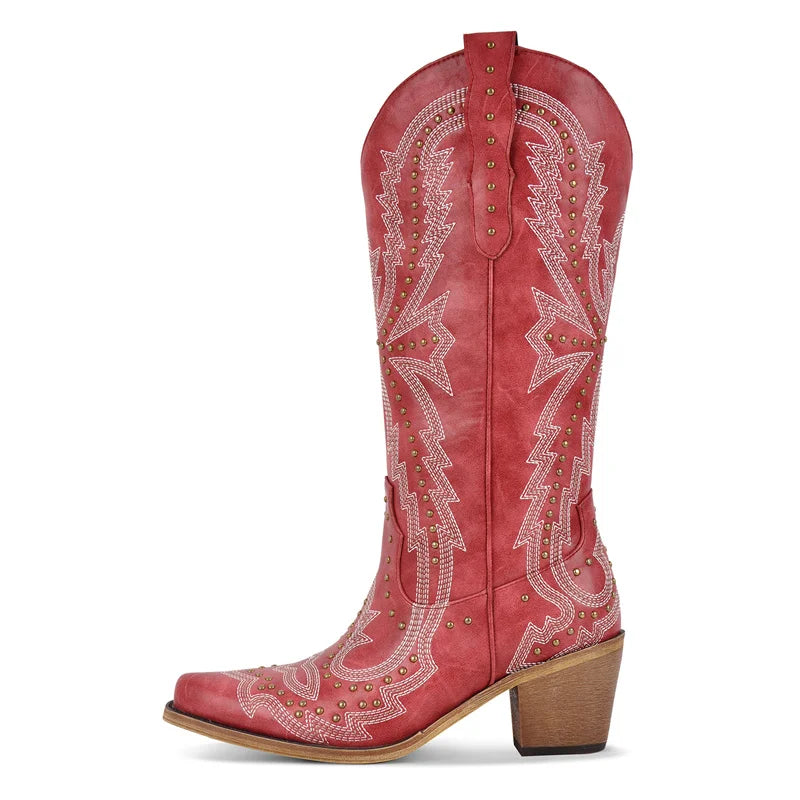 Women Pointed Toe Mid Calf Pull-on Knee High Cowgirl Boots Comfy Chunky Heel Western Boots