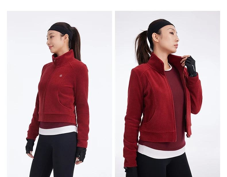 Women's Stand Collar Thermal Polar Fleece Jacket, Integrated Seam Pocket, Silver-Thread Embroidery Short Coats For Ladies