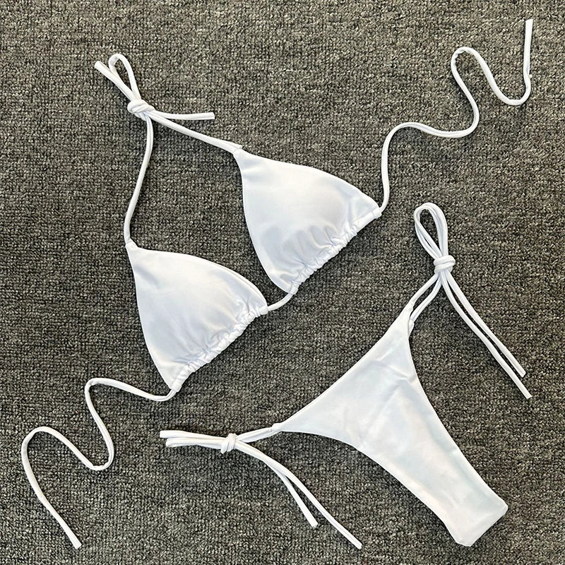 Sexy halter effen kleur bikini set dames tweedelig split triangel string badpak basic eenvoudig femme veter strand badpak