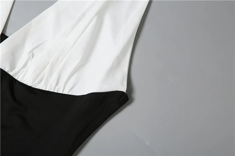 Elegant Contrast Patchwork Dress Women Halter Low-Neck Backless Ruched Ruffles Hem Vacation Beach Party Long Bodycon