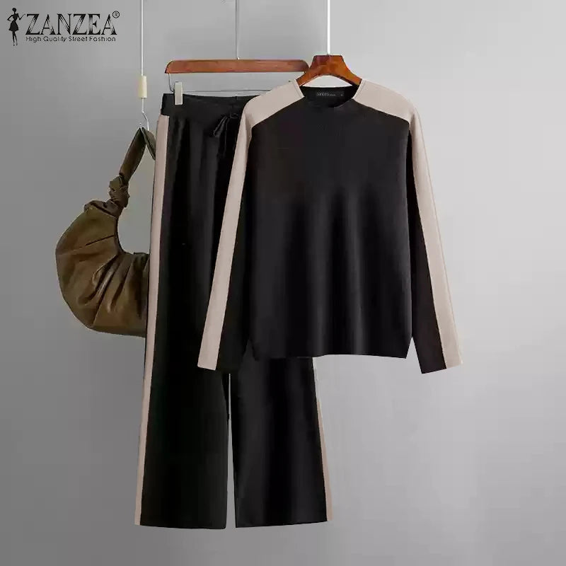 Casual Colour-Blocked Panels Women Pant Sets 2025 Spring Long Sleeve T-shirts Wide Leg Pant 2pcs Outfits Daily Tracksuits