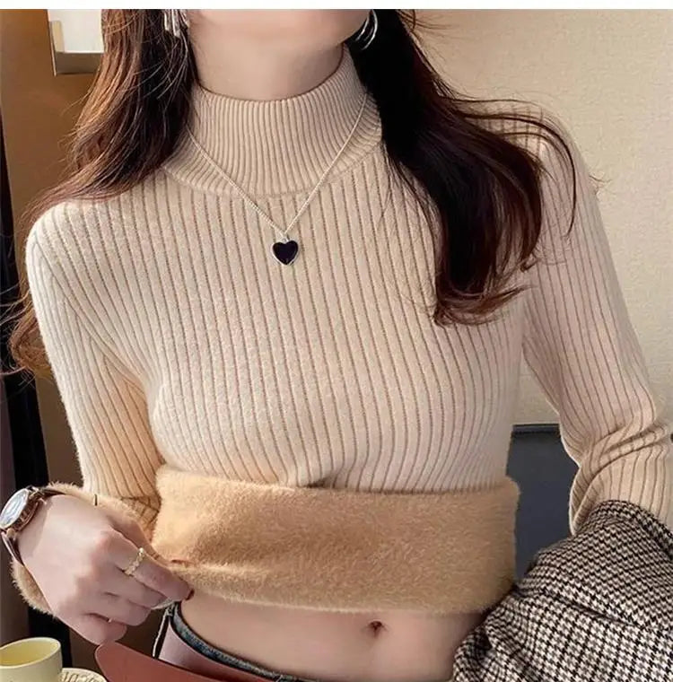 Women's Turtleneck Sweater Winter Retro Red With Velvet Lining Thickened Inner Wear Thermal Knitting Bottoming Shirt