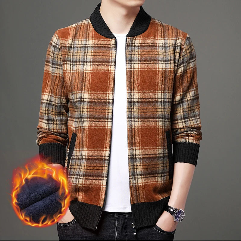 Men's Top Quality Woollen Thick Velvet Plaid Casual Baseball Collar Jacket, Korean Windbreaker Male Coats