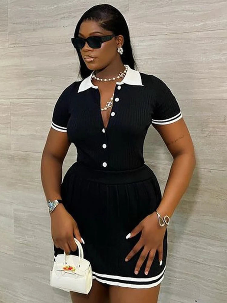 Women's Fashion Patchwork 2 Piece Set Polo-Neck Single-Breasted Tops + Ruched Ruffles Mini Skirts Y2K Style Street Outfits
