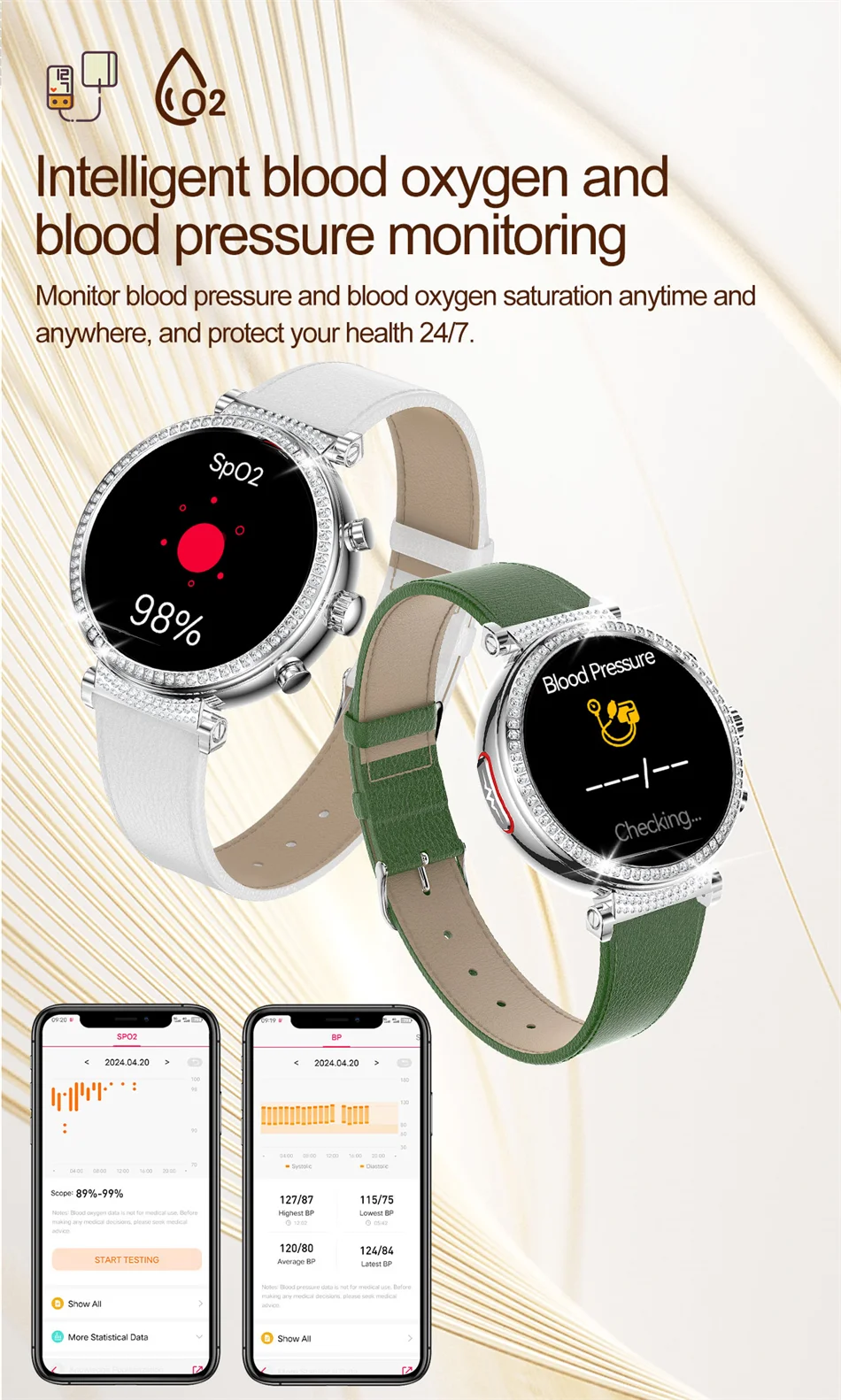Women Diamond Smart Watch ECG Women Health tracking Watch Full Touch Screen BT Call Custom dial Smartwatch Compatible with Huawei & Xiaomi IOS
