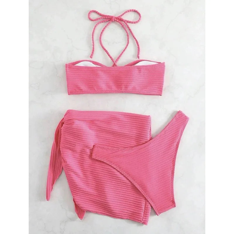 Women's Sexy Bikini Swimsuit 3-Piece Set Summer Solid Color Halter Neck Vacation Beach Swimwear Woman 2025 Skirt Swimsuit Set
