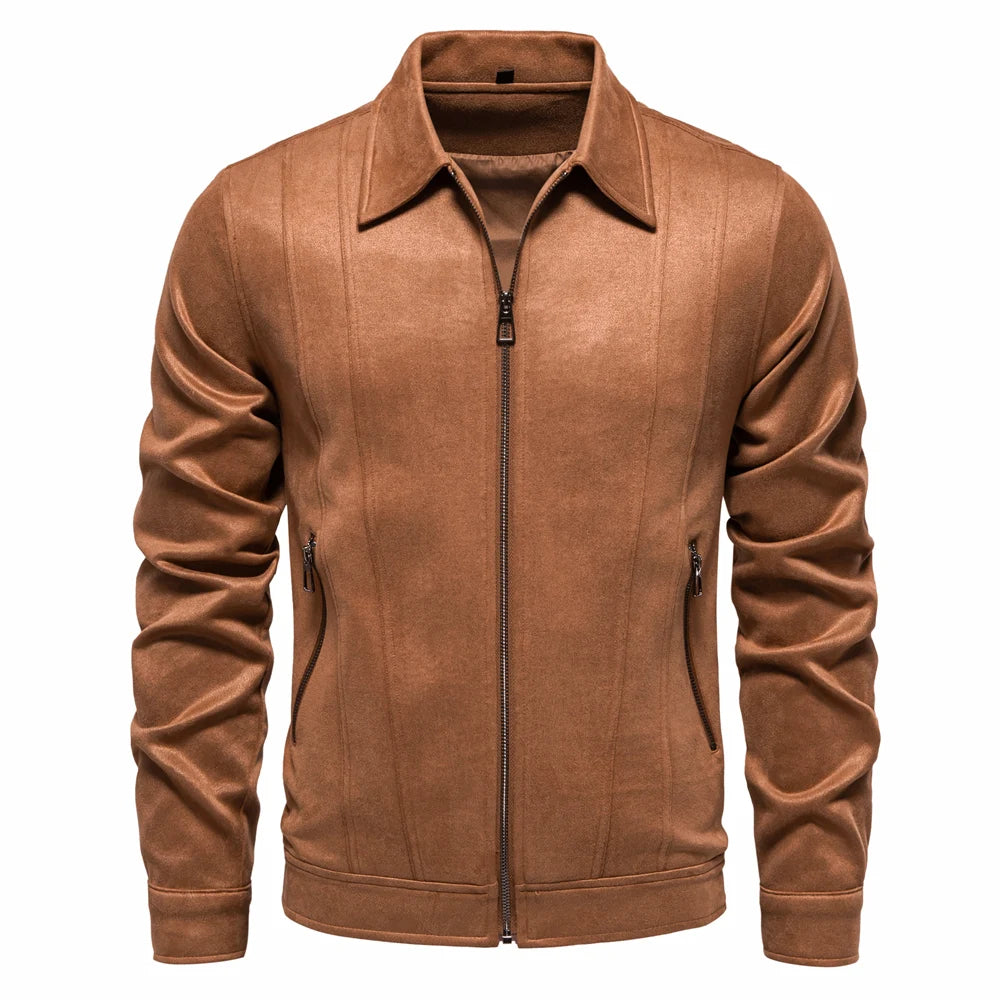 Men's Brown Suede Turn Down Collar Jacket Casual Business Faux Leather Trucker Jackets Coat For Men
