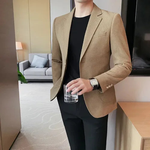Men’s Waffle Plaid Blazer Coat, Hounds-Tooth Pattern, Wool-Blend Overcoat for Autumn & Winter - Lightweight, Stretchable