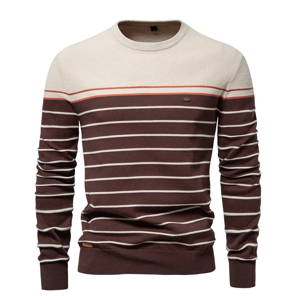 Men's O-neck Cotton Pullover Sweater Striped Casual Autumn and Winter High Quality Knitted Sweaters for Men