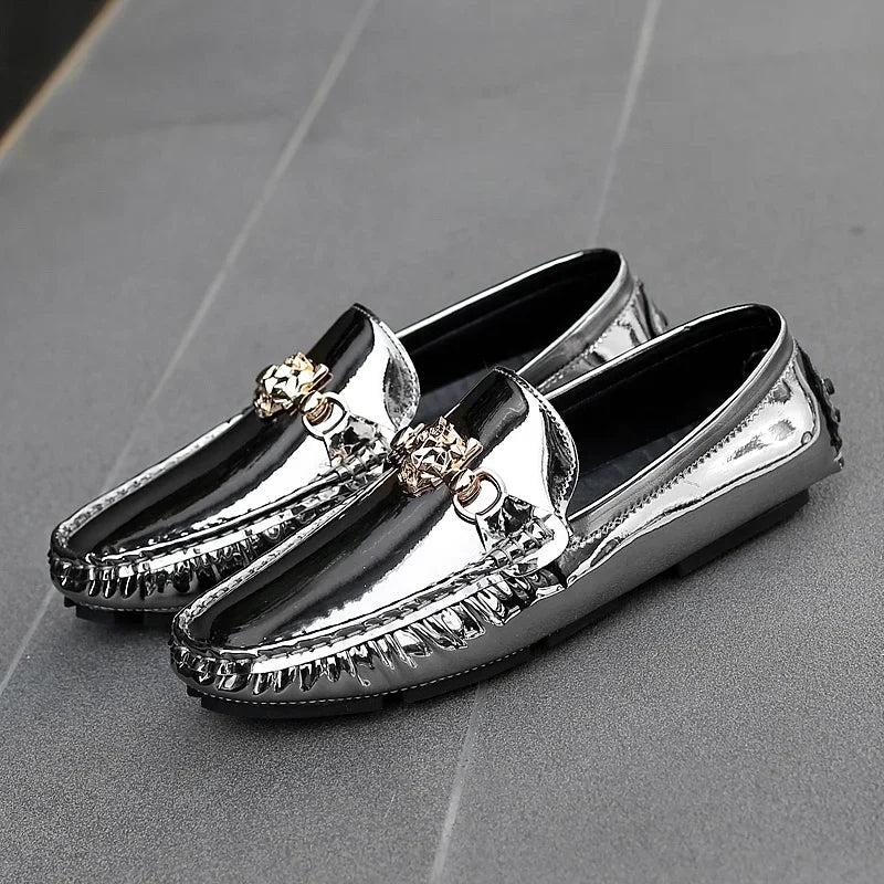 Stylish England Gentleman Casual Moccasin Shoes White Silver Mens Formal Dress Wedding Shoes Large Size 38-48 Youth Loafers