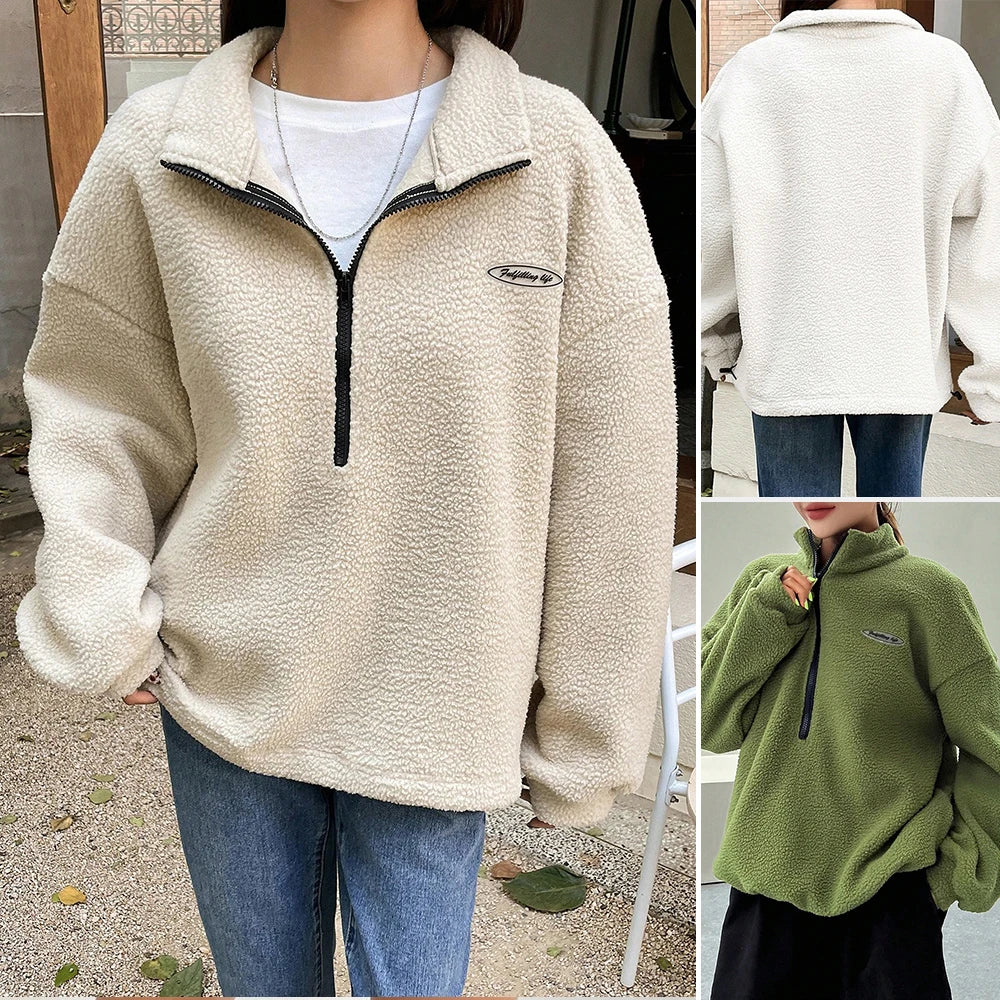 Autumn Winter Hoodies 2025 Women's Comfy Solid Colour Long Sleeve Zipper Half Open Collar Loose Fit Casual Hoodies