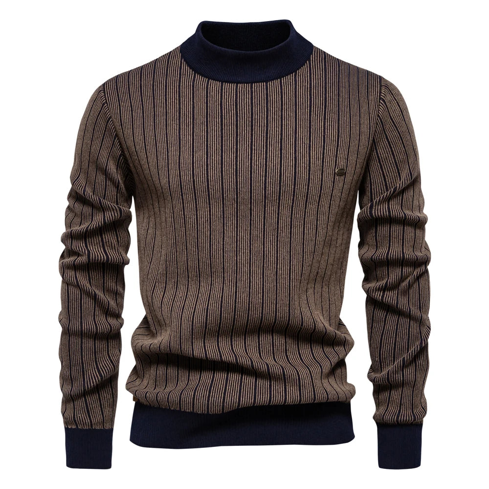 Men's Mock Neck Cotton Pullover Sweaters Autumn Winter Warm Stripped Sweater for Men