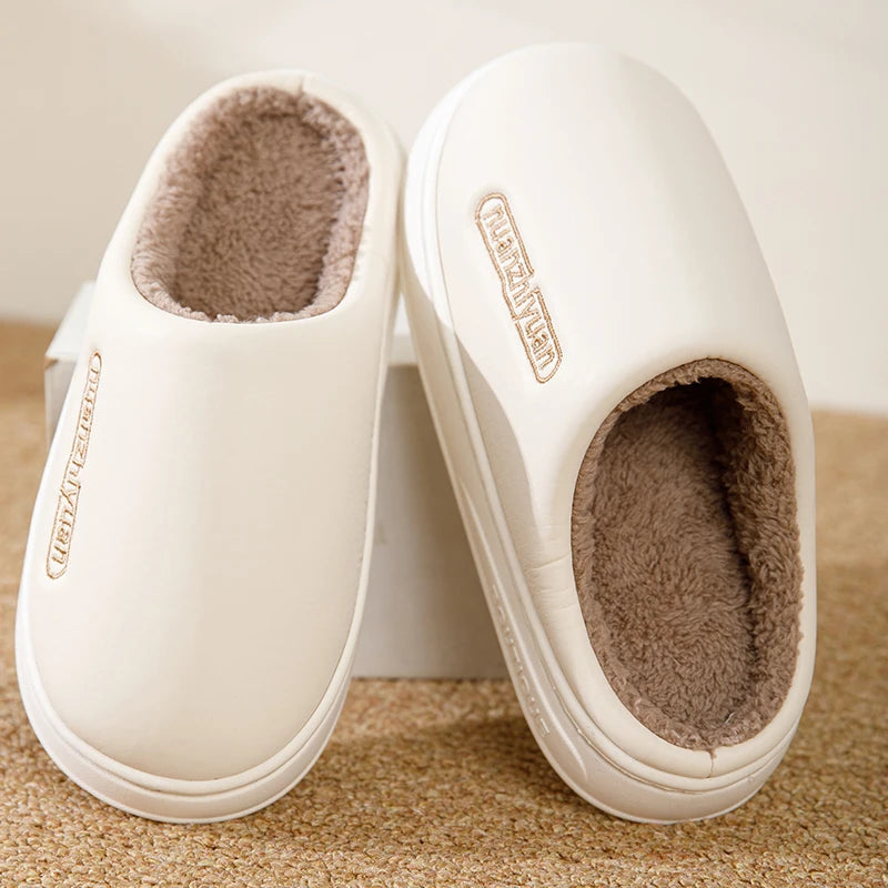 Unisex Anti-slip Waterproof Winter Cotton Slippers Women Men Home Indoor Warm House Shoes Couple Soft Flat PVC Sole Footwear