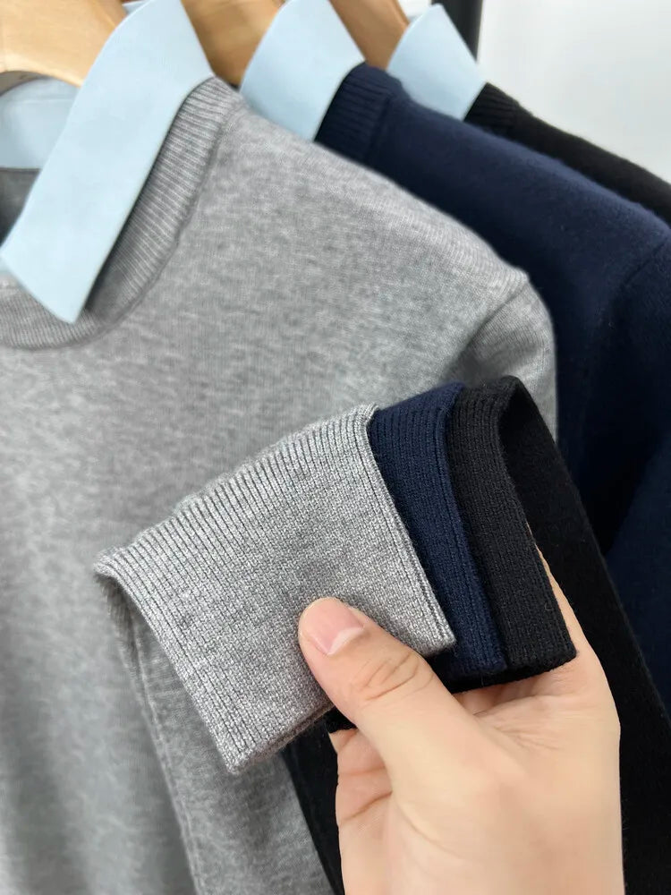 Unisex Knit Sweater Dark Navy False Two-Piece Design Thickened Layered Look With Built-in Collar Soft Touch & Warm Sweater For Men & Women
