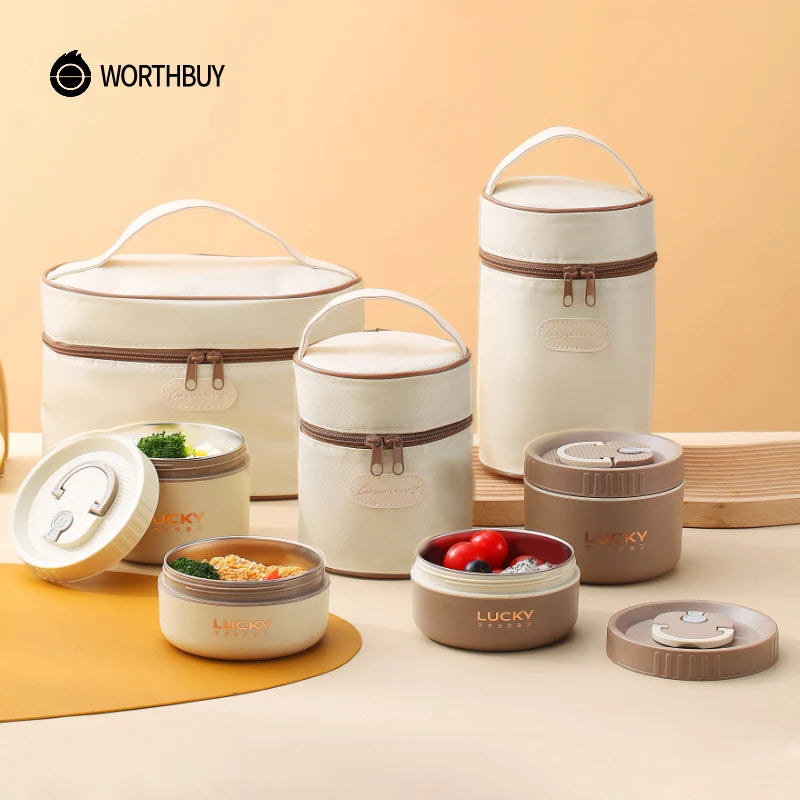 WORTHBUY Bento Lunch Box Set, Portable Keep Warm Lunch Container With Insulated Bag, 18/8 Stainless Steel Thermal Food Container