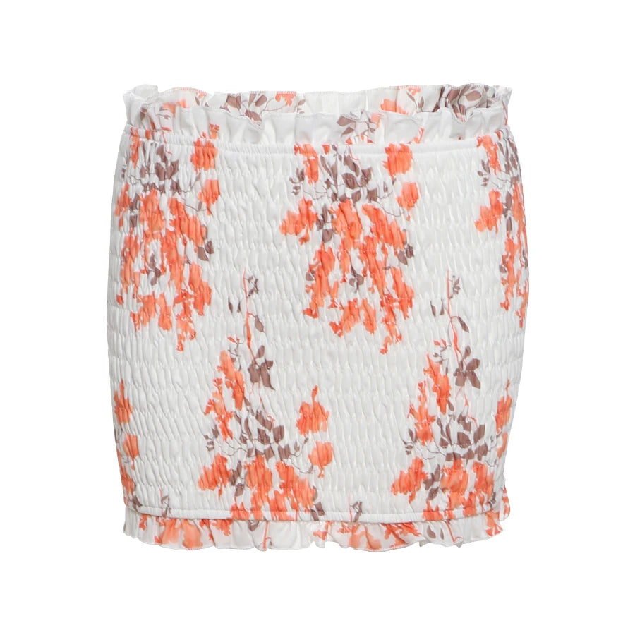 Vacation Thin Women Floral 2 Piece Set Elastic Ruffles Tank Tops + Peach Hip Skirts Matching Clubwear Romantic Outfits