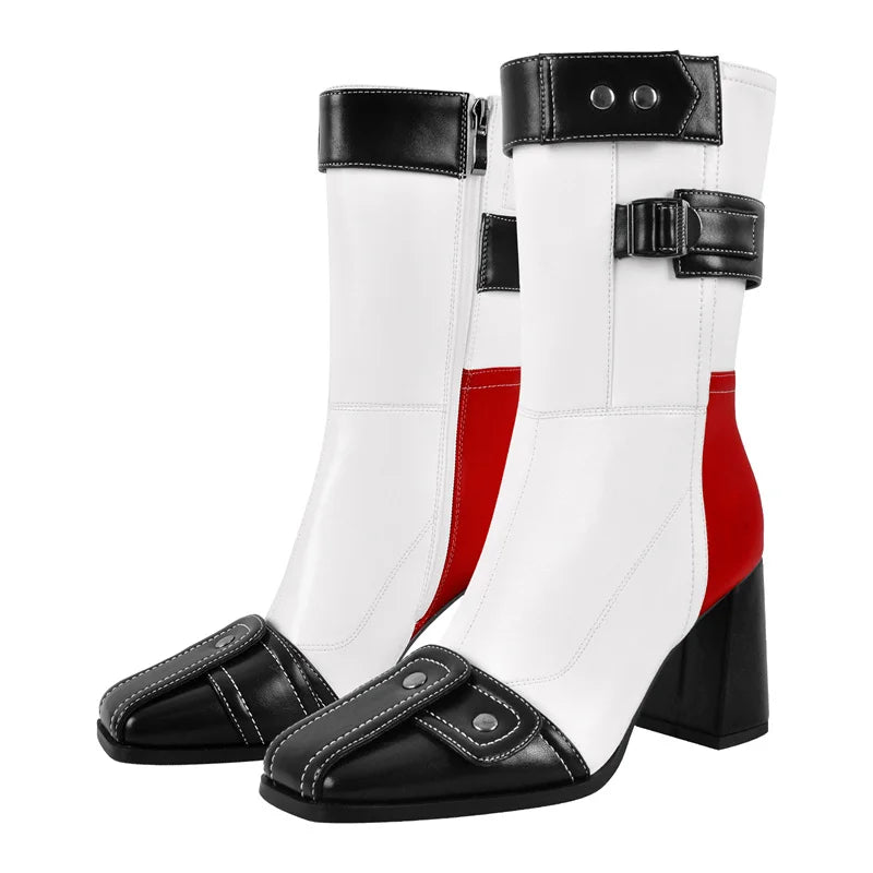 Square Toe Patchwork Buckle Belt Ankle Boots Fashion Side Zipper Boots