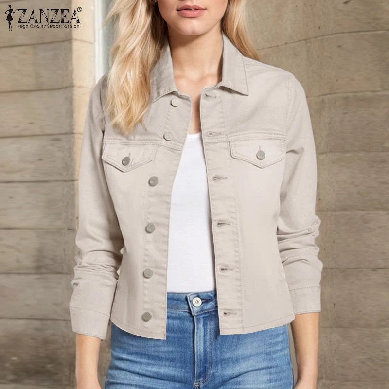 Women Daily Outerwear Long Sleeve Work Wear Casual Solid Colour Coats Button Up 2025 Spring Turn-down Collar Thin Jackets