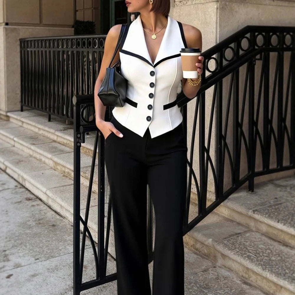Women's 2025 Summer Vests Chic Sleeveless Contrast Trim Button Front Notched Collar Urban Tops