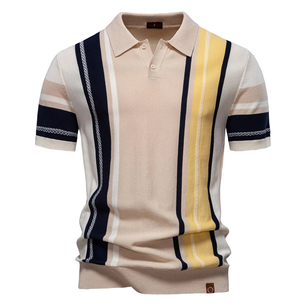 2025 Men's Breathable Striped Contrast Panel Polo Shirt - Lightweight Summer Casual Knit Top with Mesh Inserts