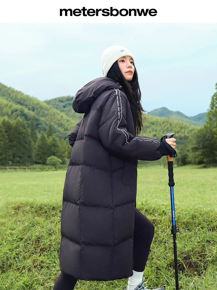 Women's Long Puffer Coat With Striped Webbing, Oversized Straight-Cut Sporty Style, Duck Down Thick Warm Jacket