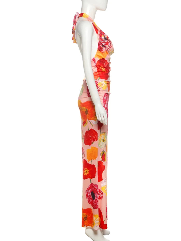 Floral Print 2 Piece Set Women Halter Low-Neck Backless Crop Tops + Skinny Splits Long Skirts Vacation Beach Style Suit