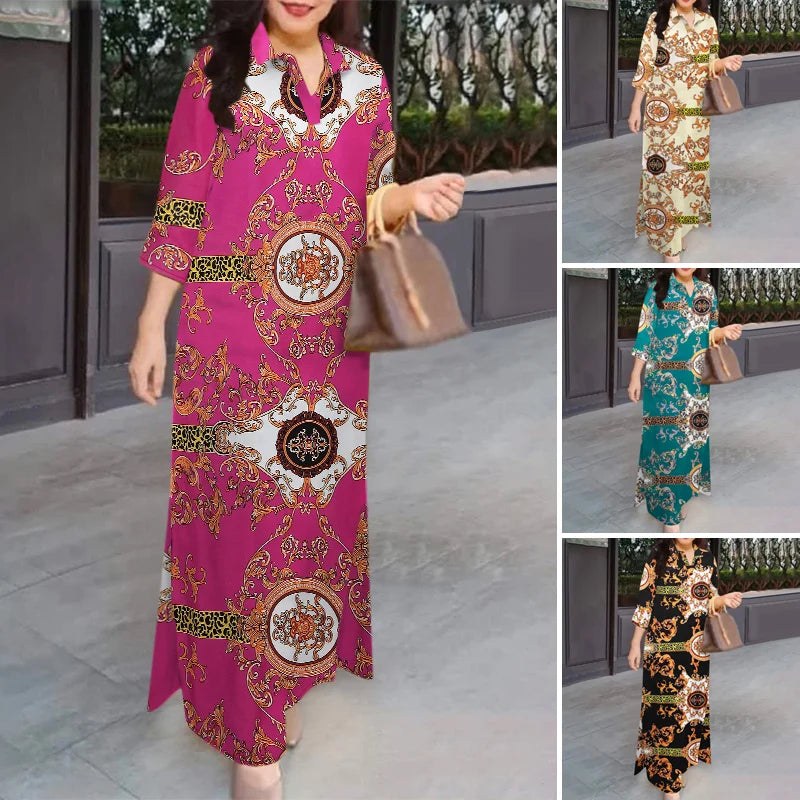 Fashion Slit Hem Shirtdress 3/4 Sleeve Women Vintage Casual Maxi Dress Autumn Baroque Print Lapel Neck Long Vestidos