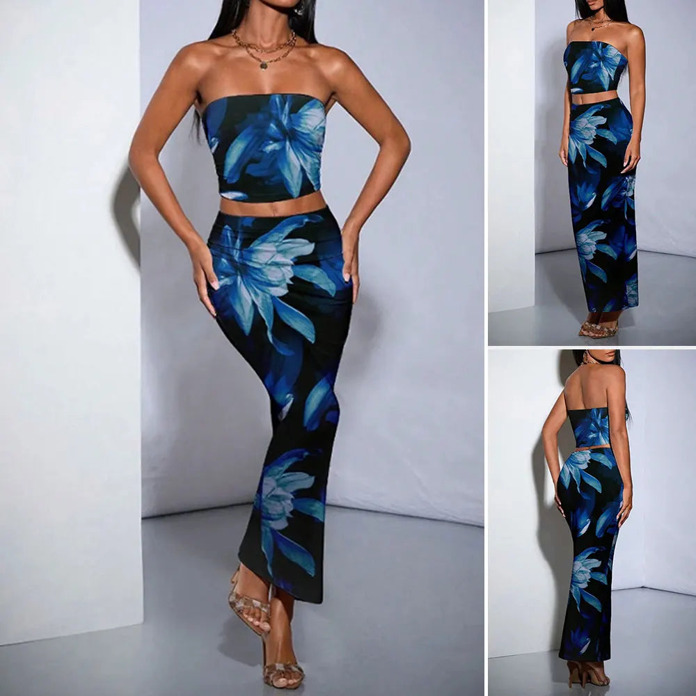 Women's Sets 2025 Summer Sexy Floral Sleeveless Off Shoulder Strapless Maxi Low Waist Wrap Skirts Vacation Sets