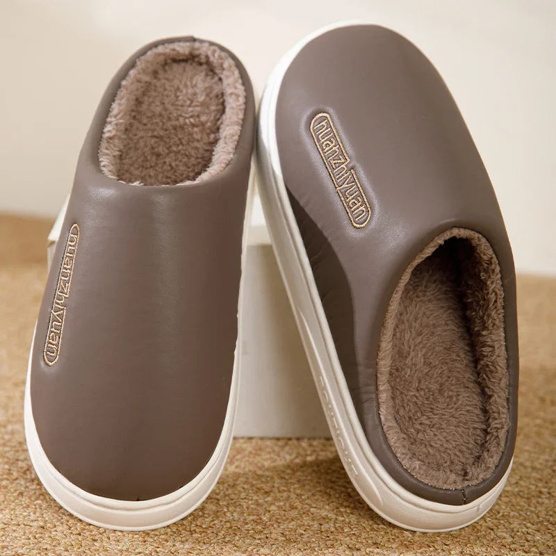 Unisex Anti-slip Waterproof Winter Cotton Slippers Women Men Home Indoor Warm House Shoes Couple Soft Flat PVC Sole Footwear