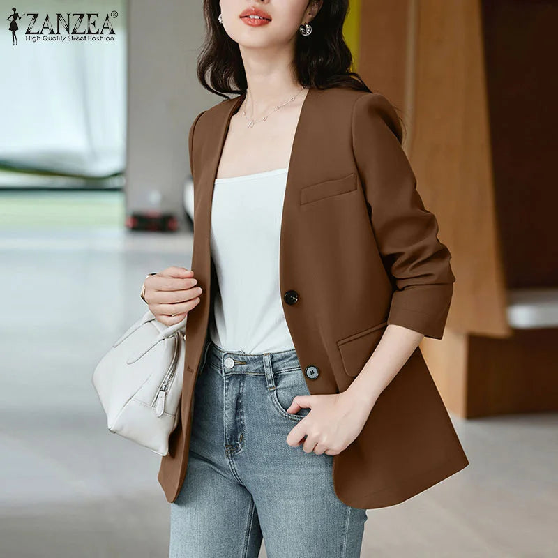 Elegant Solid Suit Jackets Long Sleeve Button Up Autumn 2024 V Neck Outwear Tops Office Lady Women Commute Fashion Blazer