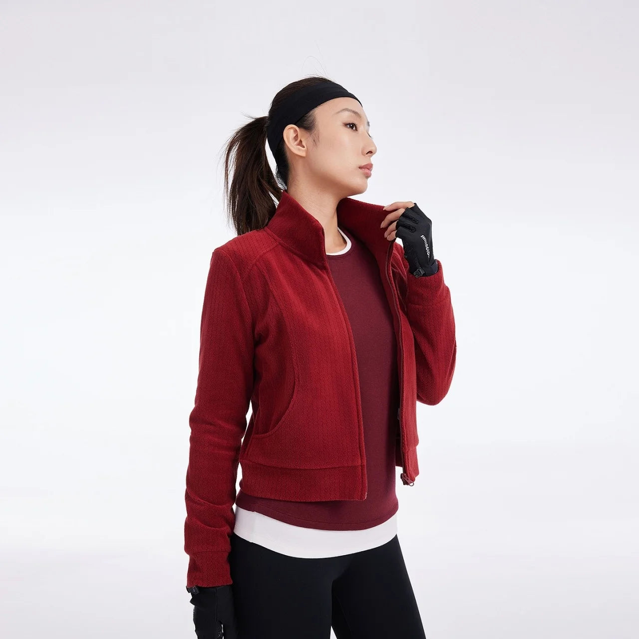 Women's Stand Collar Thermal Polar Fleece Jacket, Integrated Seam Pocket, Silver-Thread Embroidery Short Coats For Ladies