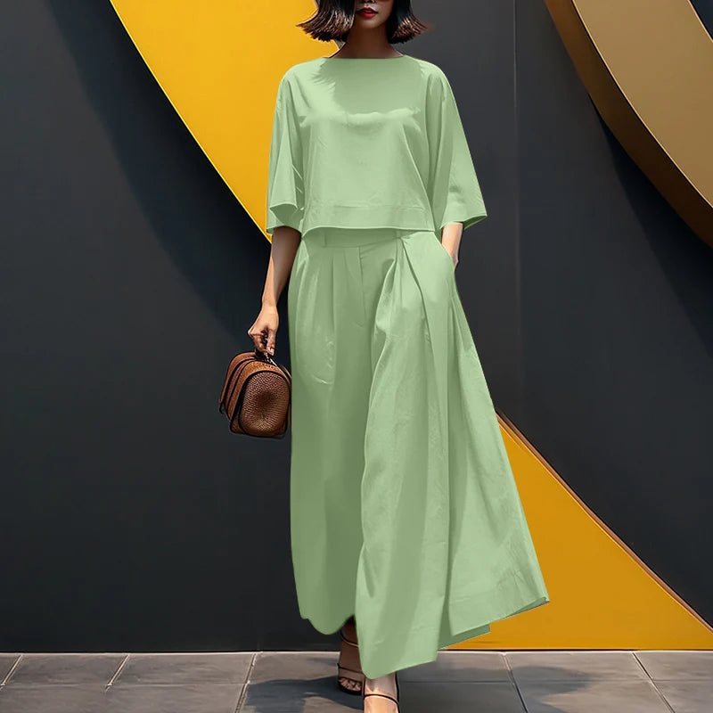 Women Causal 2PCS Pant Sets Loose 3/4 Sleeve Tops Wide Leg Pants 2-Pieces Outfits Solid Colour Fashion Commute Tracksuits