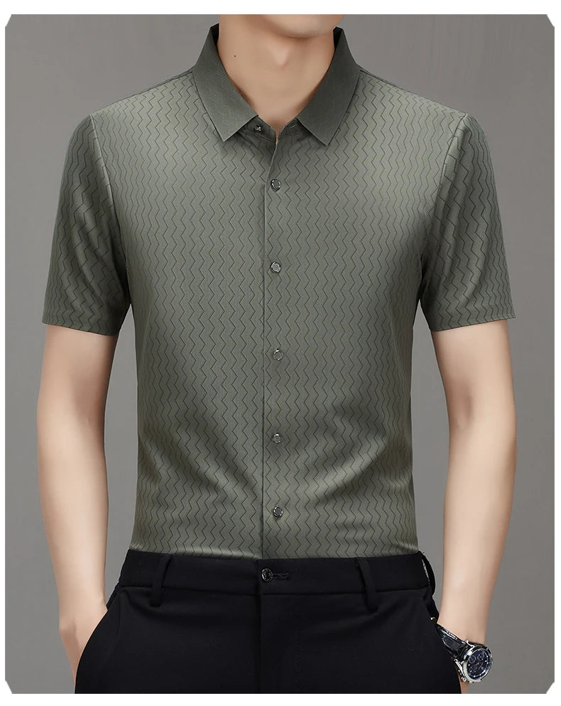 Men's Summer Lapel Shirt, Slim Fit Short-Sleeved, Fashion Dark Pattern Knitted Fabric Polo Shirt