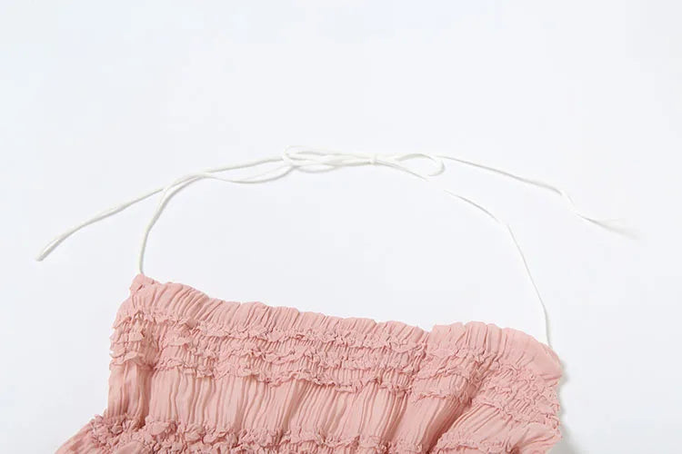 Sexy See-Through 2 Piece Set Women Lace-Up Halter Backless Crop Tops + Ruched Elegant Skirts Vacation Beach Party Suits