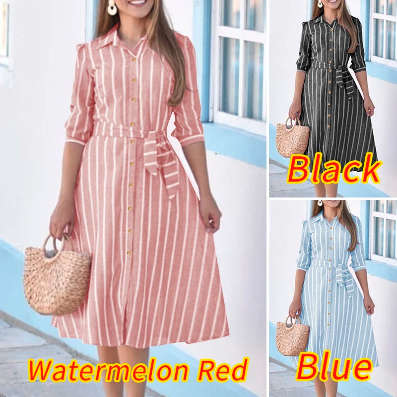 Women Striped Shirt Dress Elegant Lapel Neck 3/4 Sleeve A-line Midi Dresses 2025 Summer Tie-Waist Robes Femme Vestidos