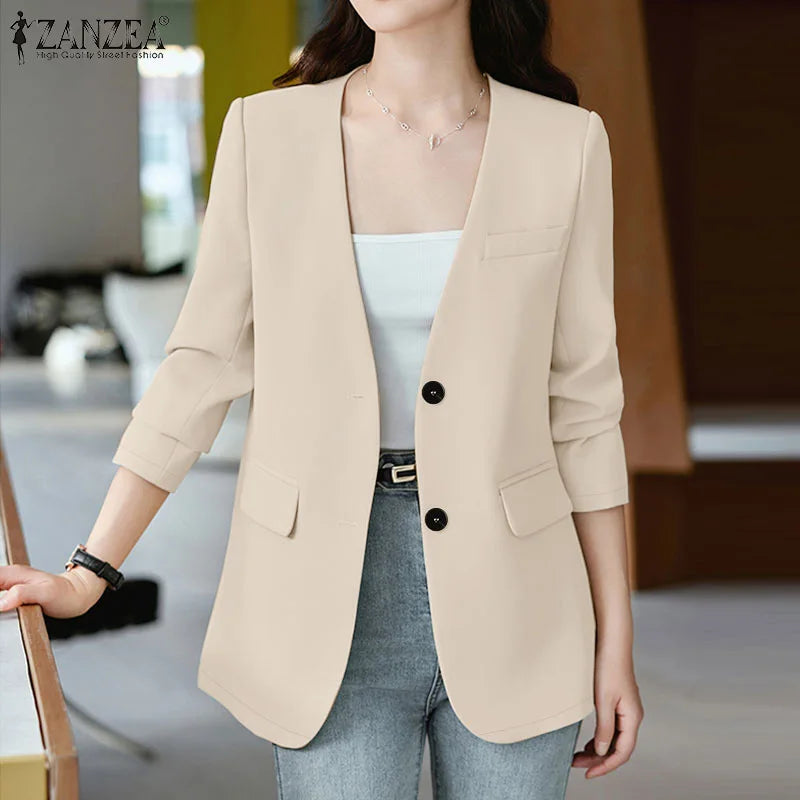 Elegant Solid Suit Jackets Long Sleeve Button Up Autumn 2024 V Neck Outwear Tops Office Lady Women Commute Fashion Blazer
