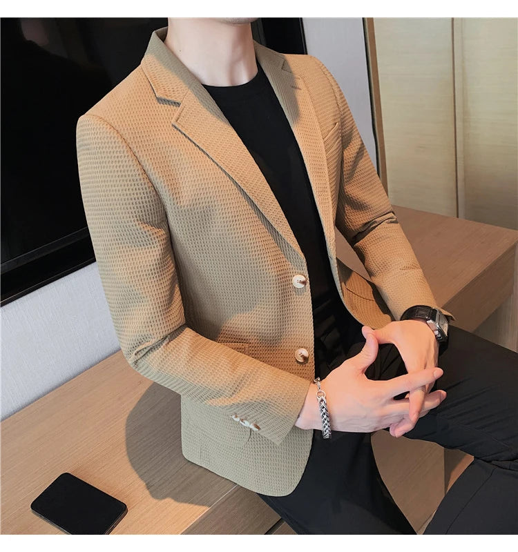 Men’s Waffle Plaid Blazer Coat, Hounds-Tooth Pattern, Wool-Blend Overcoat for Autumn & Winter - Lightweight, Stretchable