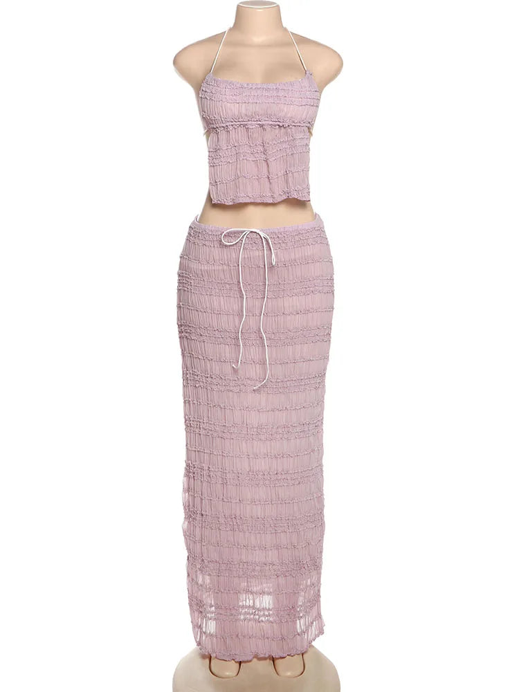 Sexy See-Through 2 Piece Set Women Lace-Up Halter Backless Crop Tops + Ruched Elegant Skirts Vacation Beach Party Suits