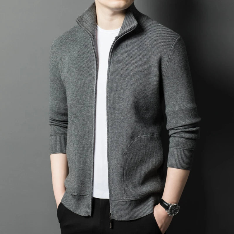 Men's Solid Colour Autumn Long-Sleeved Stretch Warm Cardigan, Daily Jacket Sizes M-4XL